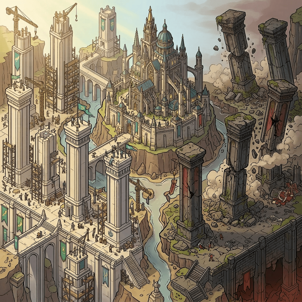 An illustrated cityscape showing tall rising pillars under construction labeled rising pillars of progress, a grand central keep, and broken crumbling pillars labeled crumbling pillars of decline.